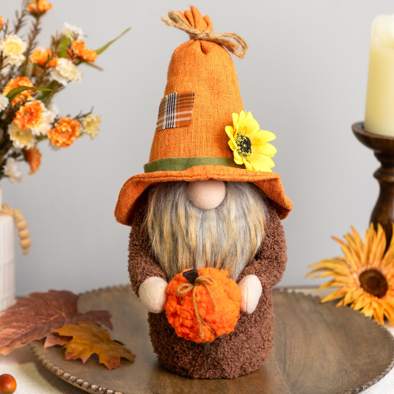 Northlight Sunflower and Pumpkin Gnome Fall Harvest Decoration - 13"